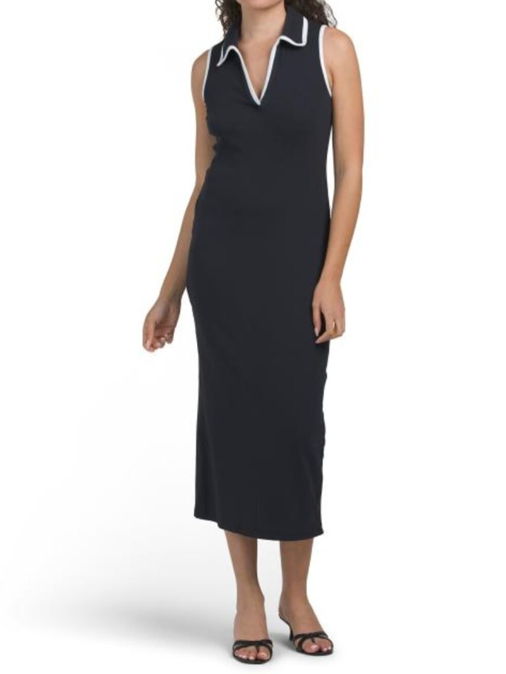 ELIE TAHARI Pima Cotton Blend Midi Fitted Polo Dress With Collar Contrast Trim